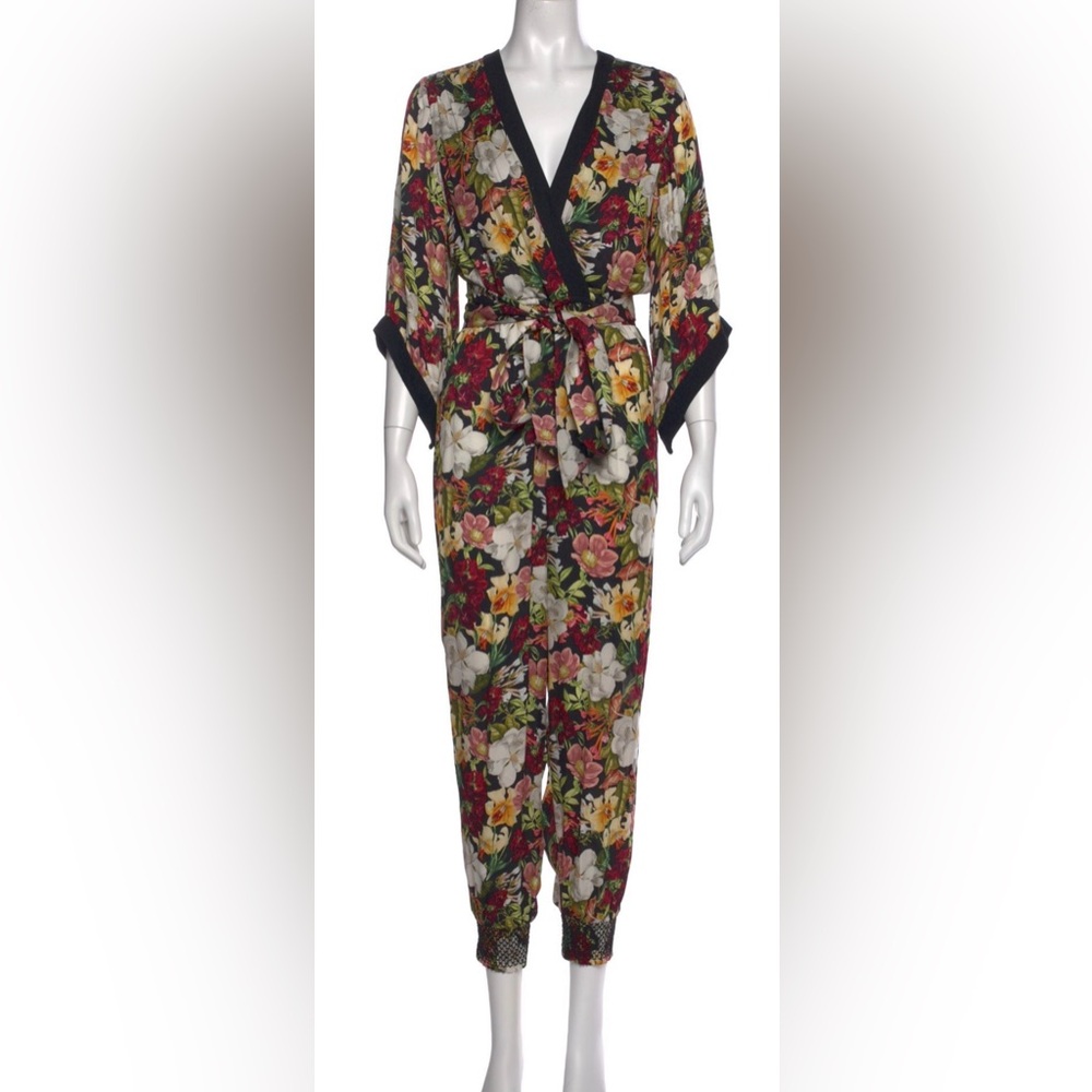 Alice + Olivia Floral Wrap Jumpsuit Kimono Sleeve Belted Cropped jumpsuit size 6 - Picture 4 of 6
